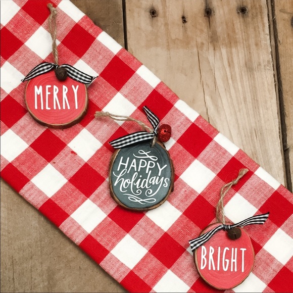 Set of 3 Hand Painted Wood Slice Ornaments- Merry - Picture 1 of 2